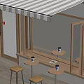 Cafe Window Seating Area With Wooden Structure Striped Awning And Coffee Cups