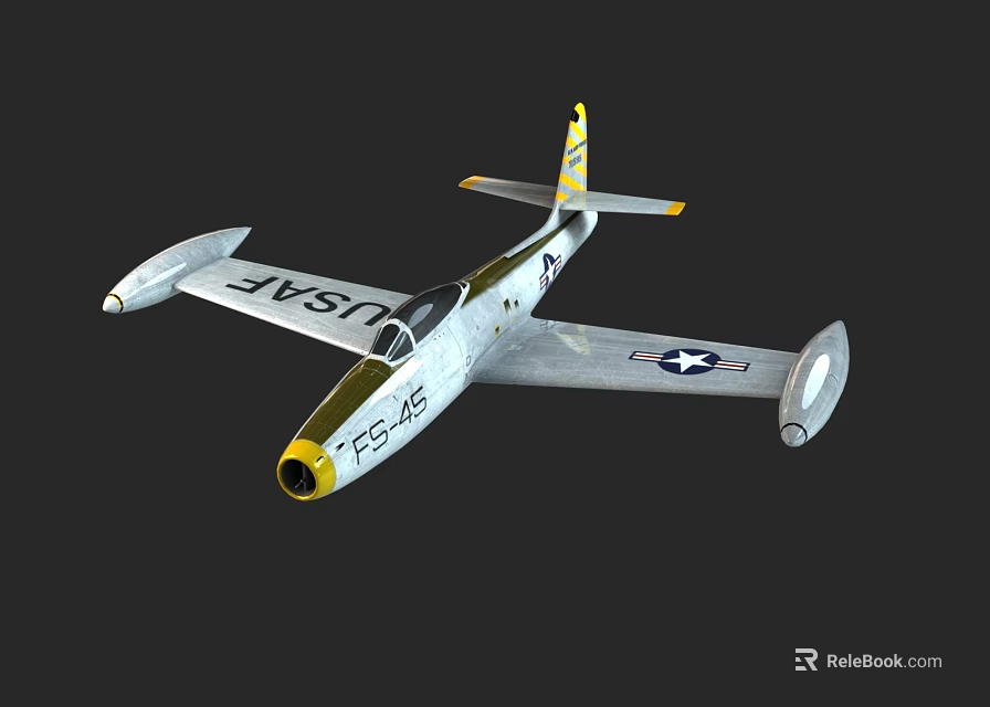 USAF F-86 Fighter Jet with Silver Body Yellow Nose Tail and Air Force Insignia 3d model 