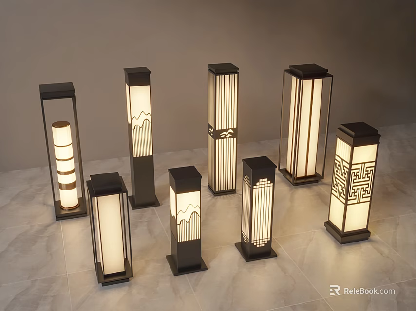 Various Oriental Design Columnar Outdoor Lights With Carved Patterns And Bright Glow 3d model 
