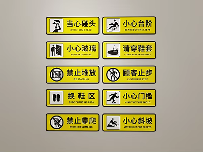 Yellow Safety Warning Hanging Signs With Caution Head Bump Step Glass Threshold And Slope 3d model