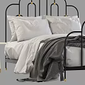 Modern Black Metal Double Bed With Gold Accents White Pillows And White Nightstands