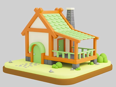 Cute Cartoon Detached Villa With Green Roof Arched Door Porch Railings And Small Bushes 3d model