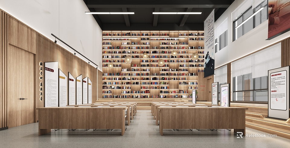 Artistic Library Interior With Wooden Bookshelves And Tables 3d model 