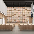Artistic Library Interior With Wooden Bookshelves And Tables