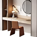 Elegant Modern Dressing Table Interior With Wooden Shelves Round Mirror Marble Backdrop And Chair
