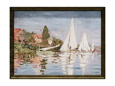 Vintage Sailboat Painting With White Sails Reflections On Water And Shore Buildings Trees 3d model