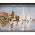 Vintage Sailboat Painting With White Sails Reflections On Water And Shore Buildings Trees