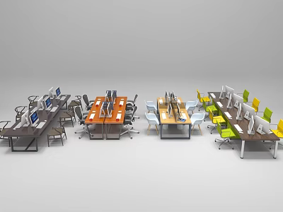 Various Office Desks With Computer Monitors And Colorful Chairs In Workspace 3d model