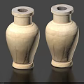 Pair of Beige Ceramic Vases with Intricate Carved Texture on Black Background