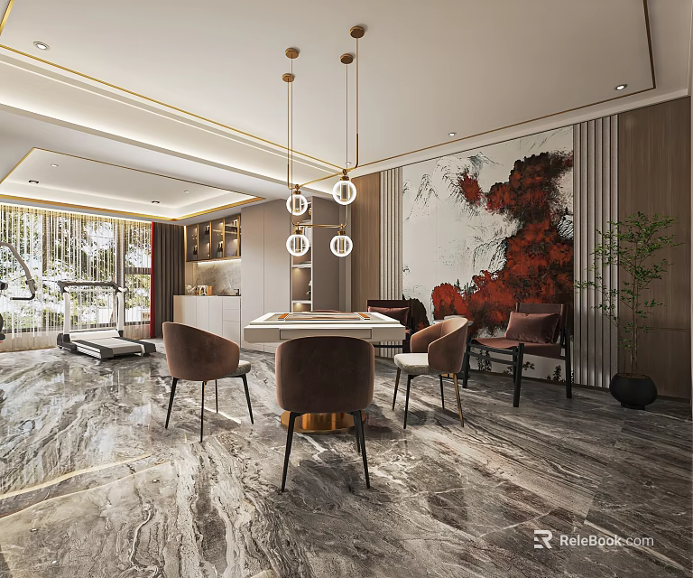Modern Hotel Mahjong Room Interior With Marble Floor Hanging Lights And Comfortable Chairs 3d model 