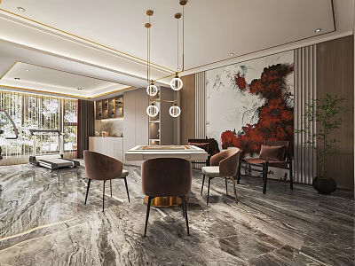 Modern Hotel Mahjong Room Interior With Marble Floor Hanging Lights And Comfortable Chairs 3d model