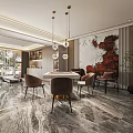 Modern Hotel Mahjong Room Interior With Marble Floor Hanging Lights And Comfortable Chairs