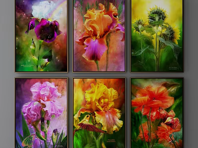 Vibrant Botanical Paintings Featuring Irises and Sunflowers in Diverse Hues 3d model