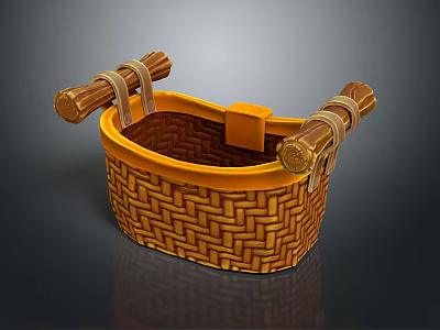 Handwoven Wicker Storage Basket With Sturdy Wooden Handles And Natural Finish 3d model