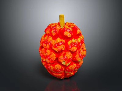 Vibrant Red And Orange Exotic Fruit With Floral Like Protrusions And Yellow Stem 3d model