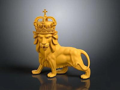 Golden Lion Sculpture With Crown Decoration Standing On Reflective Dark Surface 3d model