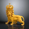 Golden Lion Sculpture With Crown Decoration Standing On Reflective Dark Surface