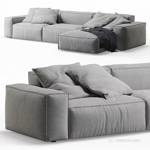Stylish Modern Gray Fabric Two Seater Sofa With Soft Cushions And Ottoman 3d model 