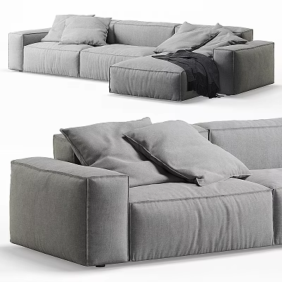 Stylish Modern Gray Fabric Two Seater Sofa With Soft Cushions And Ottoman 3d model
