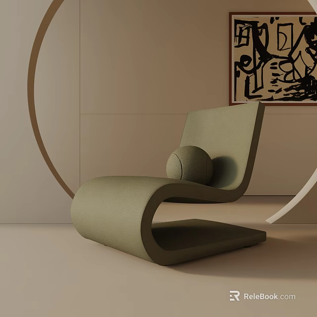 Green Modern Minimalist Leisure Chair With Curved Design And Abstract Painting Decor 3d model 