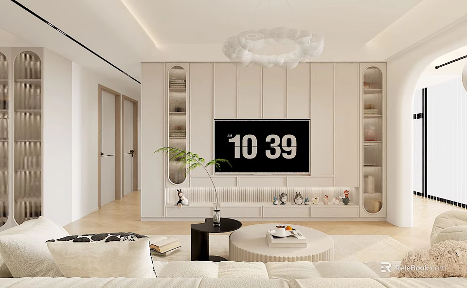 Modern Living Dining Room Interior With TV Wall Shelves Sofa Coffee Table And Chandelier 3d model 