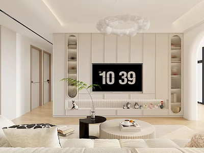 Modern Living Dining Room Interior With TV Wall Shelves Sofa Coffee Table And Chandelier 3d model