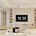 Modern Living Dining Room Interior With TV Wall Shelves Sofa Coffee Table And Chandelier