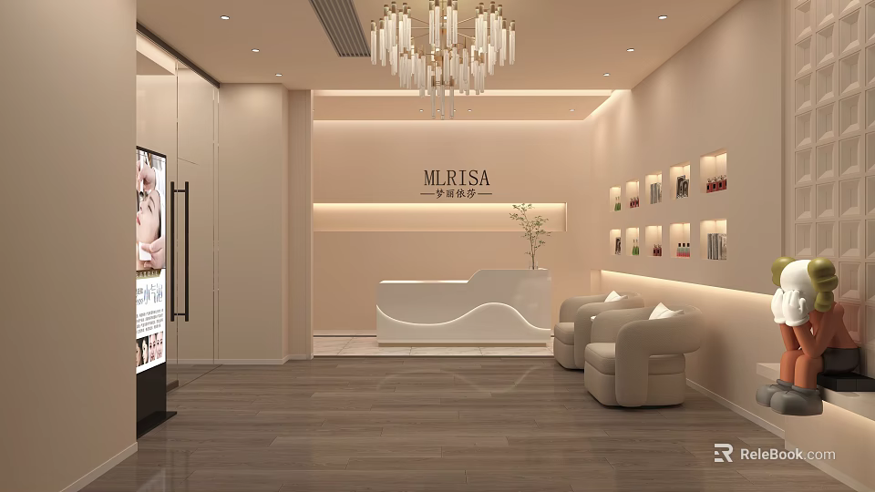 Elegant Beauty Hair Salon Interior With Reception Desk Sofa And Product Displays 3d model 