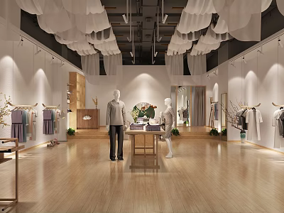 Modern Fashion Clothing Store Interior With Mannequins Clothes Racks Wooden Floors and Green Plants 3d model