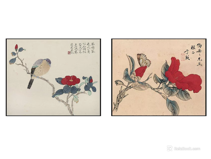 Traditional Botanical Paintings Featuring Red Flowers Bird Butterfly and Branches 3d model 