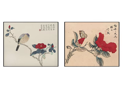 Traditional Botanical Paintings Featuring Red Flowers Bird Butterfly and Branches 3d model
