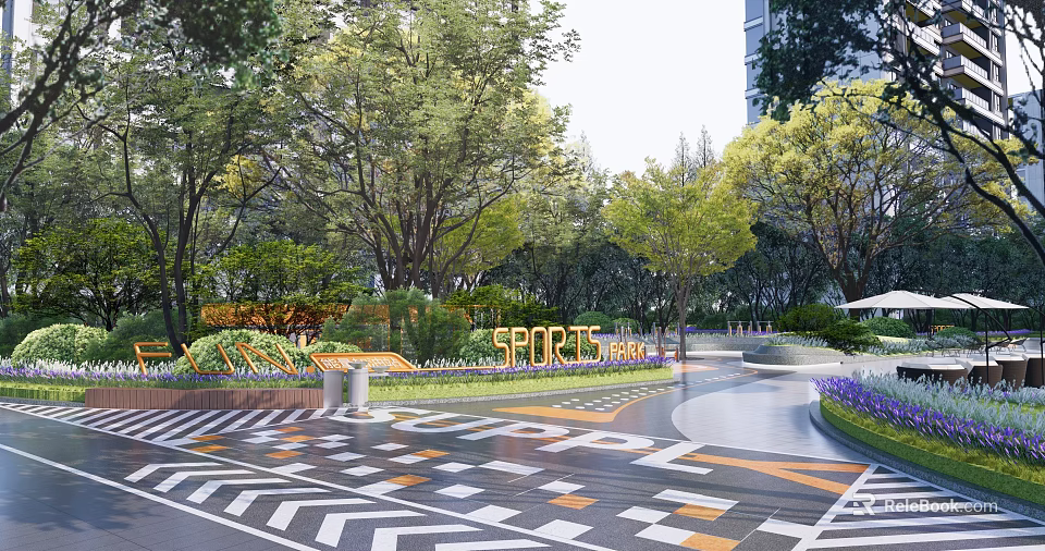Residential Landscape Design With Sports Park Trees And Colorful Pathway Pavement 3d model 
