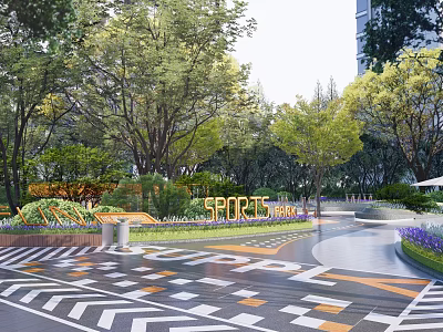 Residential Landscape Design With Sports Park Trees And Colorful Pathway Pavement 3d model