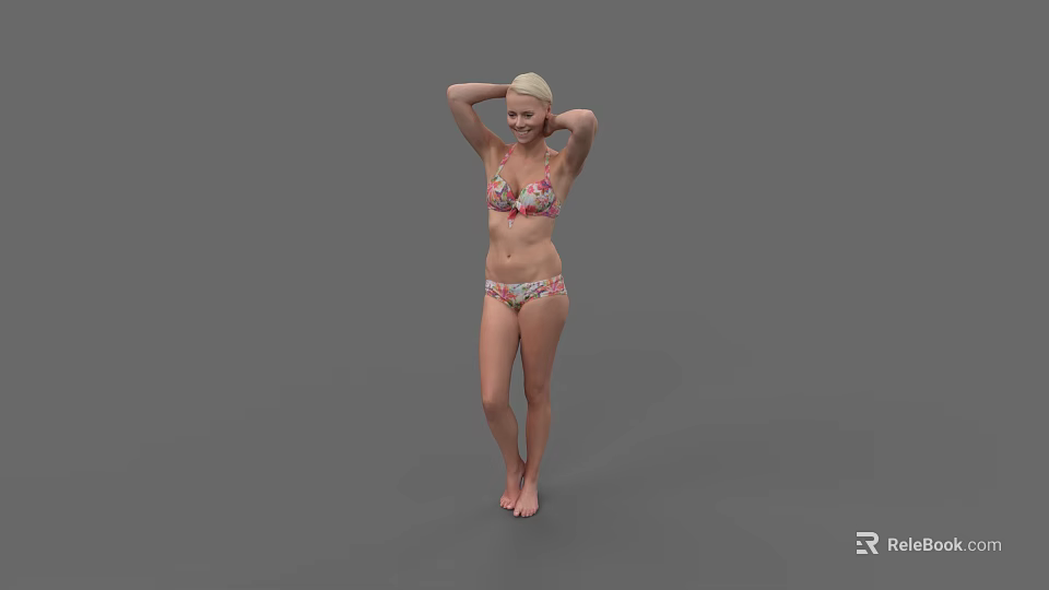 Woman Wearing Floral Print Bikini Standing On Gray Background With Hands On Head 3d model 