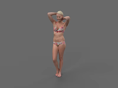 Woman Wearing Floral Print Bikini Standing On Gray Background With Hands On Head 3d model