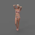 Woman Wearing Floral Print Bikini Standing On Gray Background With Hands On Head