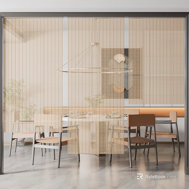 Modern Interior Dining Area With Venetian Blinds Dining Table Chairs Pendant Light And Plants 3d model 