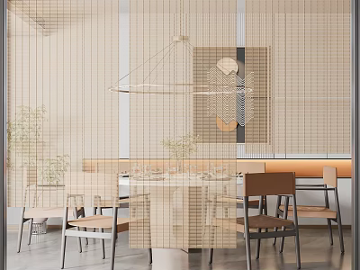 Modern Interior Dining Area With Venetian Blinds Dining Table Chairs Pendant Light And Plants 3d model