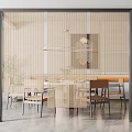Modern Interior Dining Area With Venetian Blinds Dining Table Chairs Pendant Light And Plants