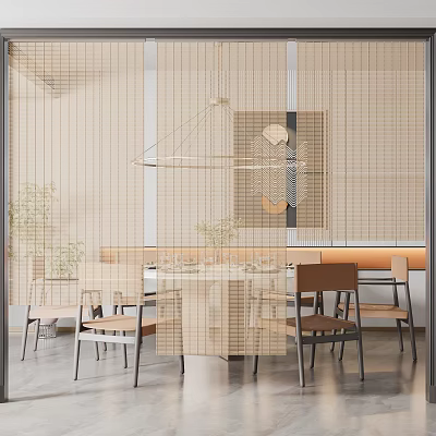 Modern Interior Dining Area With Venetian Blinds Dining Table Chairs Pendant Light And Plants 3d model