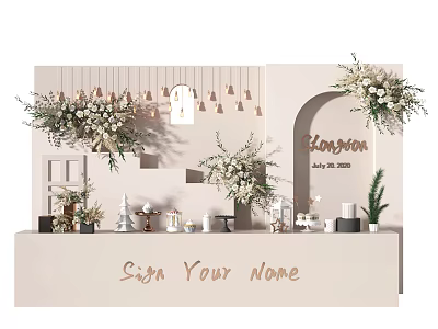 Clarison July 2020 Sign Your Name Table Setup With Flower Arrangements Hanging Lights And Archway 3d model