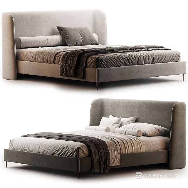 Modern Gray Upholstered Double Bed With Soft Pillows And Cozy Blanket Design 3d model 