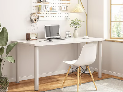 Bright White Desk Space With Laptop Lamp Pegboard Chair Plants And Natural Light 3d model