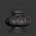 Ornate Silver Filigree Container With Colorful Floral Patterns And Carved Lid