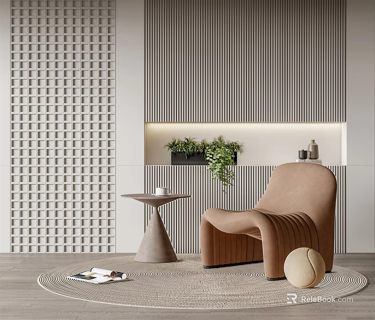 Modern Single Sofa with Lattice Wall Vertical Stripes Green Plant Round Table and Round Rug 3d model 