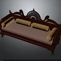 Traditional Wooden Sofa with Intricate Carved Backrest Armrests Pink Seat Cushion and Yellow Bolsters