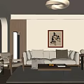 Modern Minimalist Living Room Interior With Beige Sofa Throw Pillows Wooden Coffee Table And Artwork