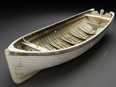 Old Wooden Boat with Weathered White Hull Wooden Interior Planks and Metal Fittings 3d model