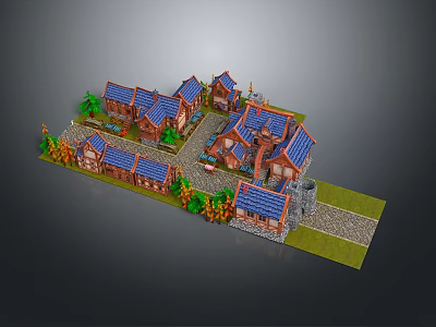 Rustic Village Buildings With Blue Roofs Brown Exteriors Trees And Stone Pathways 3d model