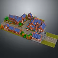 Rustic Village Buildings With Blue Roofs Brown Exteriors Trees And Stone Pathways